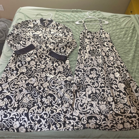 Natori Vintage Full Zip Caftan Robe & Gown Set Navy Neiman Marcus Long Kimono M - Picture 1 of 15